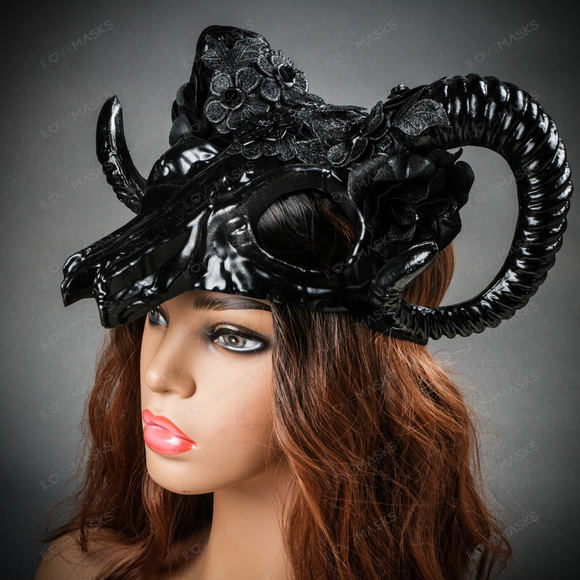 Antelope Devil Ram Horn Skull Ghost Masquerade Mask - Black - Picture 5 of 9
